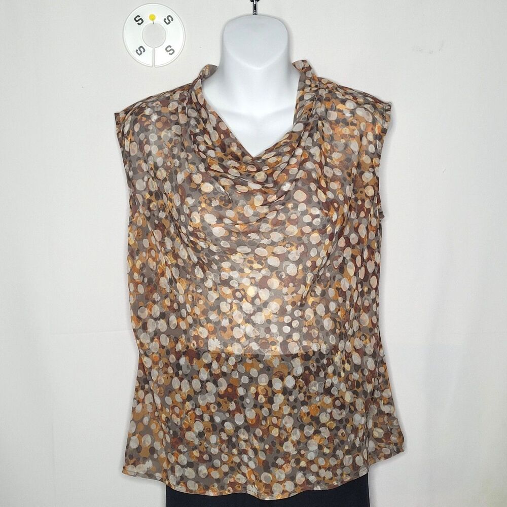 NIC+ZOE Sheer Cowl Neck Blouse Small Brown Beige Abstract Dot Sleeveless Top